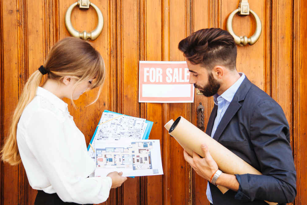 Real estate agents waiting with plans in front of the door.
